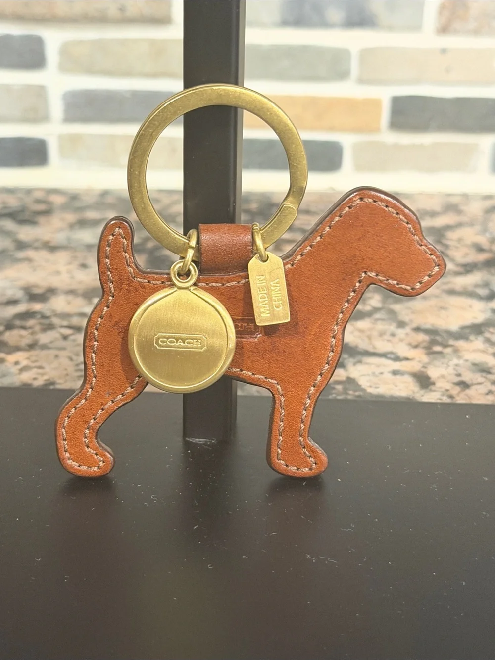 Coach Tan/Brown Leather Dog Charm with Gold-Tone Ring